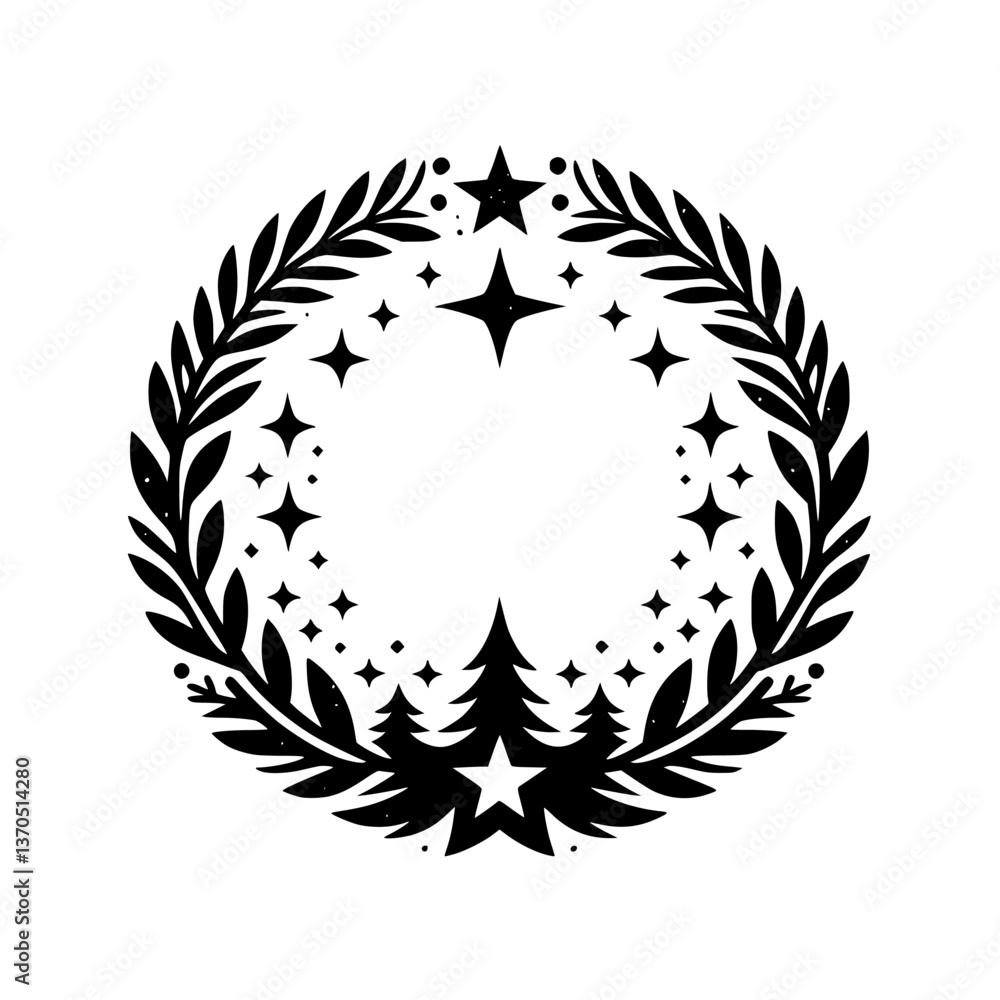 Minimalist Christmas Wreath with Stars and Trees - Vector Illustration Minimalist Christmas Wreath with Stars and Trees - Vector Illustration