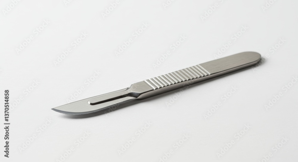 A precisely detailed surgical scalpel with a sharp blade laid on white backdrop A precisely detailed surgical scalpel with a sharp blade laid on white backdrop