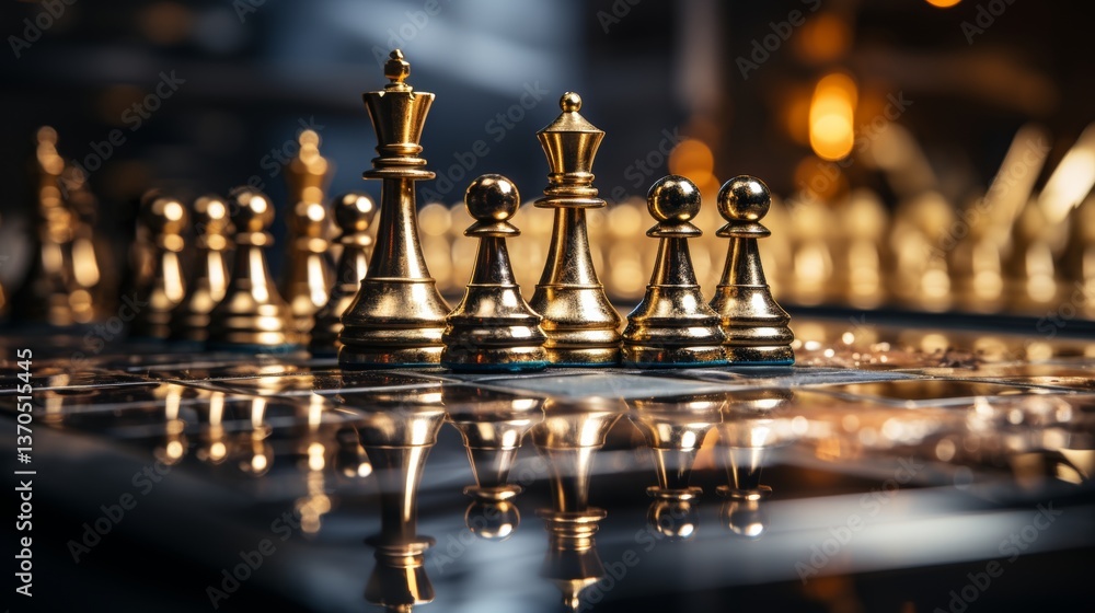 Leader, business strategy and planning concept, Gold Chess king figure on Chessboard and surrounded by a number of fallen silver chess pieces against opponent or enemy. Conflict, tactic, politic. Leader, business strategy and planning concept, Gold Chess king figure on Chessboard and surrounded by a number of fallen silver chess pieces against opponent or enemy. Conflict, tactic, politic.