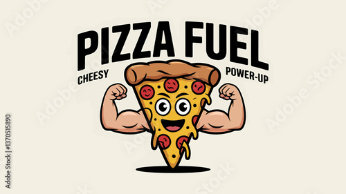 Humorous Pizza Slice Character Flexing Biceps, Promoting the Idea of Pizza as a Fun and Energetic Food Choice for a Balanced Diet, Perfect for Health and Fitness Concepts.