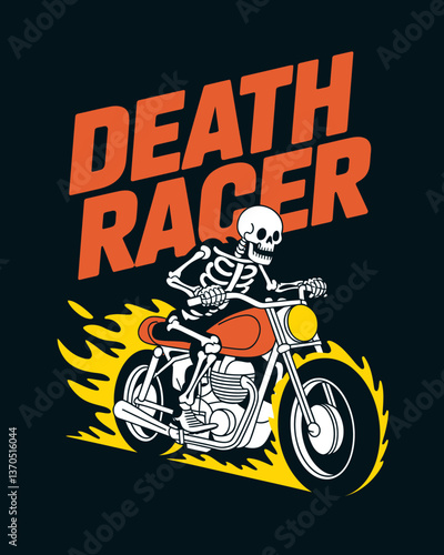 Skeleton Motorcyclist on Flaming Ride: A Bold and Gritty Illustration of Speed, Mortality, and Thrilling Adventure for T-shirts, posters and more, with retro design elements.
