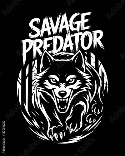 Monochrome Vector Illustration of an Aggressive Wolf with Sharpened Fangs and Claws on a Black Background, Embodiment of Wildness and the Ferocious Essence of Wildlife.