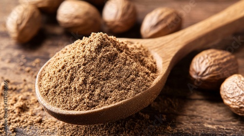 Captivating Close-Up of Nutmeg Powder and Whole Nuts on Organic Surface