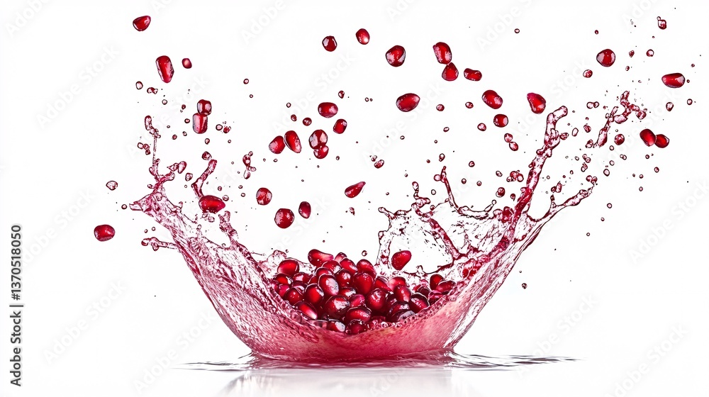 Pomegranate Seeds Bursting Open, Creating Vibrant Red Juice Splashes Pomegranate Seeds Bursting Open, Creating Vibrant Red Juice Splashes