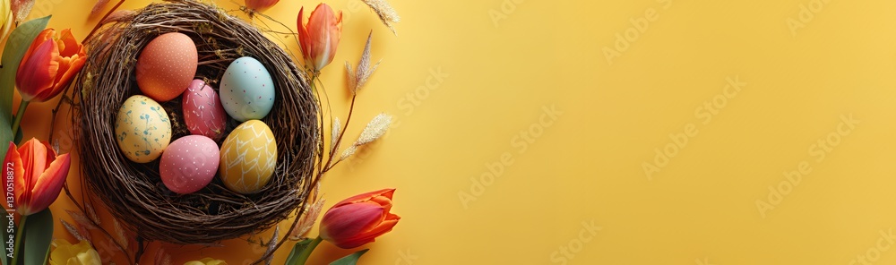 Obraz premium Colorful Easter eggs nestled in a nest with vibrant tulips on a sunny yellow background.