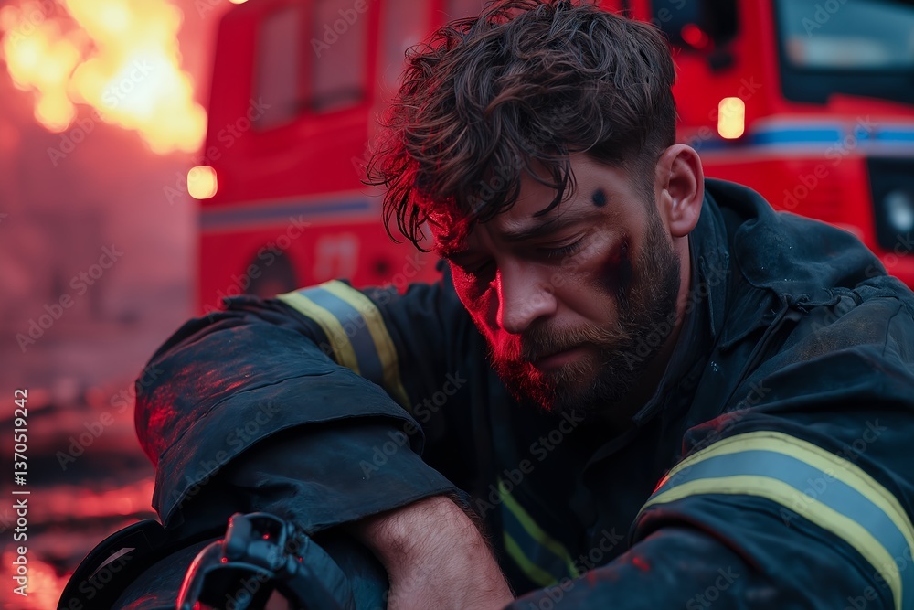 Obraz premium Exhausted Firefighter Sitting on Curb After Rescue Operation, Helmet on Ground, Red and Blue Emergency Lights, Dramatic Glow, Smoke, Burning Building Background, Firefighter Fatigue