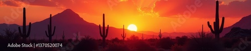 Fiery sunset casts long shadows over majestic saguaro cacti silhouettes, rocks, color, Arizona