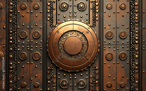 Steampunk Metal Door with Intricate Gear and Rivet Details, Industrial Design