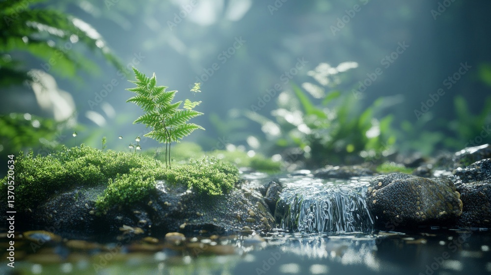 Fototapeta premium Small Fern Sprout by a Forest Waterfall
