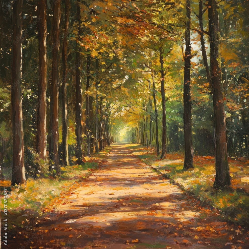 Fototapeta premium Golden light filtering through the autumnal forest pathway canvas art