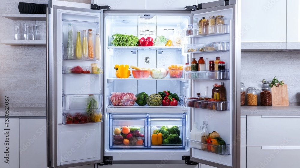 Open big fridge with fresh products in kitchen Open big fridge with fresh products in kitchen