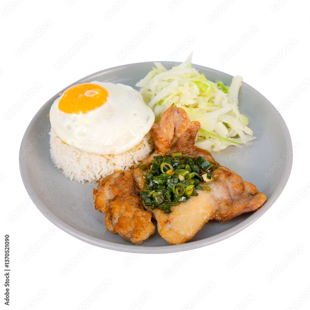 Hong Kong-style fried pork chop with scallion soy sauce, served with steamed rice, fried egg, and crisp cabbage, a classic cha chaan teng set meal