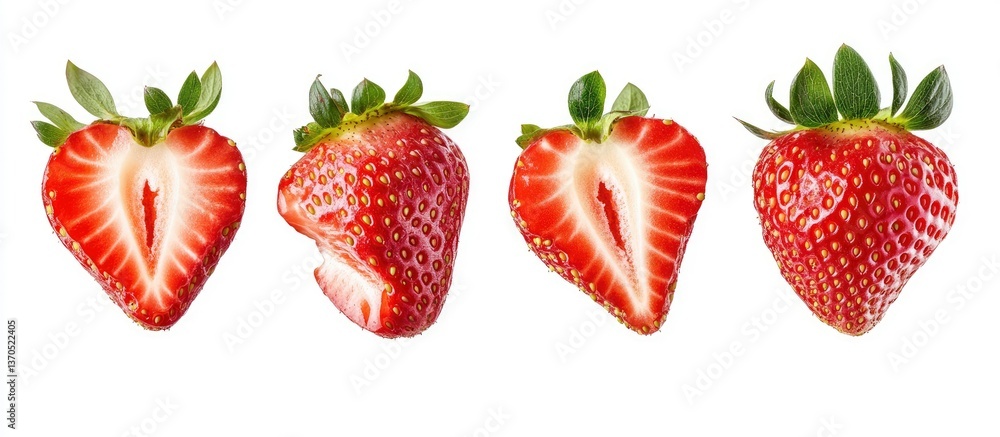 Fresh Strawberries Whole and Halved Arranged on White Background Still Life Fresh Strawberries Whole and Halved Arranged on White Background Still Life