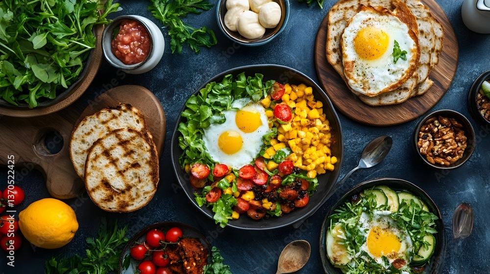 A vibrant overhead shot showcases a delicious and healthy breakfast spread featu eggs, fresh vegetables, and grilled bread. A vibrant overhead shot showcases a delicious and healthy breakfast spread featu eggs, fresh vegetables, and grilled bread.