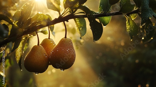 Fototapeta Naklejka Na Ścianę i Meble -  Radiant Sunlight Enhancing Pears with Glorious Water Droplets Amidst Misty Background