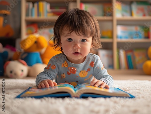 Cute Baby Reading Book in Colorful Nursery - Playful and Curious Childhood Learning