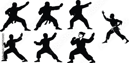 Fighting man silhouette set. Fighters in action. silhouette of kung fu sports positions set .