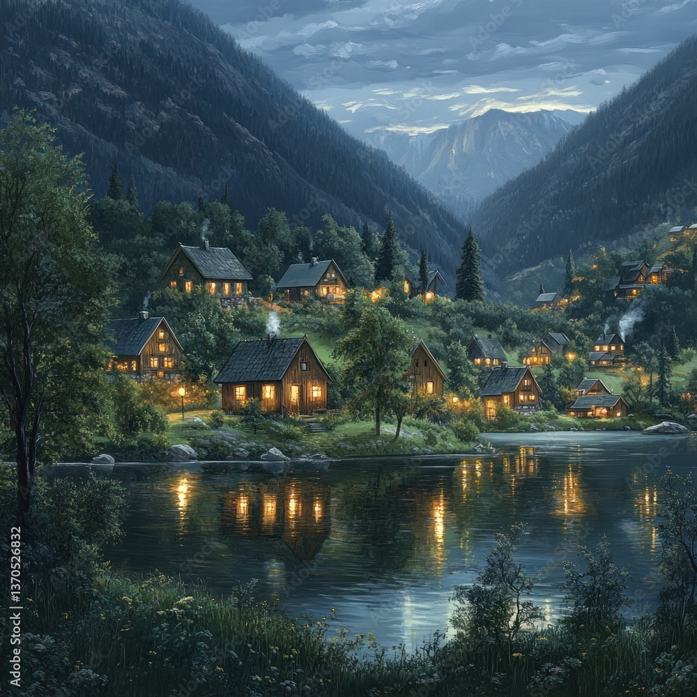 Obraz premium Tranquil lakeside village nestled between majestic mountains at twilight