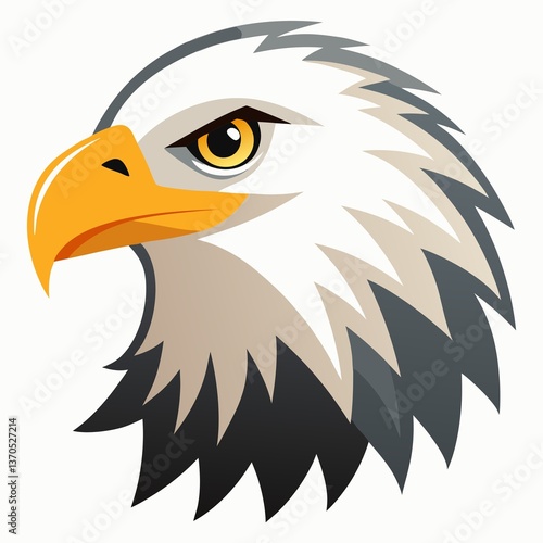 Illustration of an eagle head with white feathers and a yellow beak on a white background