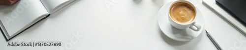 Modern white table, open notebook, full coffee cup , clean, minimal, notebook