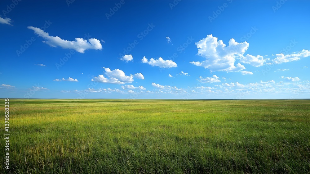 A vast expanse of vibrant green grassland stretches to the horizon under a brilliant blue sky dotted with fluffy white clouds on a sunny day. A vast expanse of vibrant green grassland stretches to the horizon under a brilliant blue sky dotted with fluffy white clouds on a sunny day.