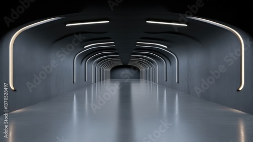 Futuristic tunnel, dark gray, smooth walls, arched, glowing lines, sleek, modern, minimalist