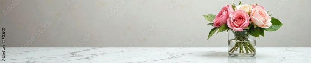 Polished marble tabletop, delicate bouquet in glass vase , minimalist, glossy Polished marble tabletop, delicate bouquet in glass vase , minimalist, glossy