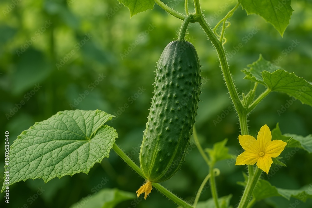 Cucumber on vine with yellow flower and green leaves. Cucumber on vine with yellow flower and green leaves.