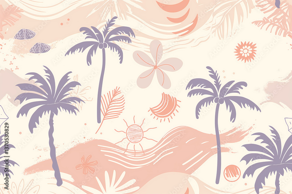 Obraz premium Seamless Hand-Drawn Palm Tree and Sun Summer Pattern Background Set