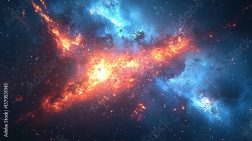 A vibrant and colorful nebula with bright orange and blue cosmic dust clouds.