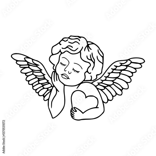 cute cherub holding heart line art