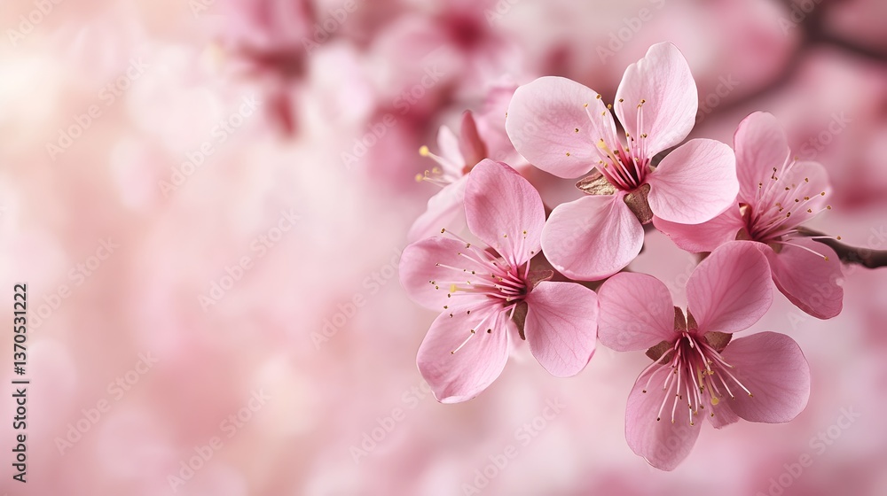 Naklejka premium Delicate pink cherry blossoms in full bloom on a branch bathed in soft sunlight create a serene sptime scene.