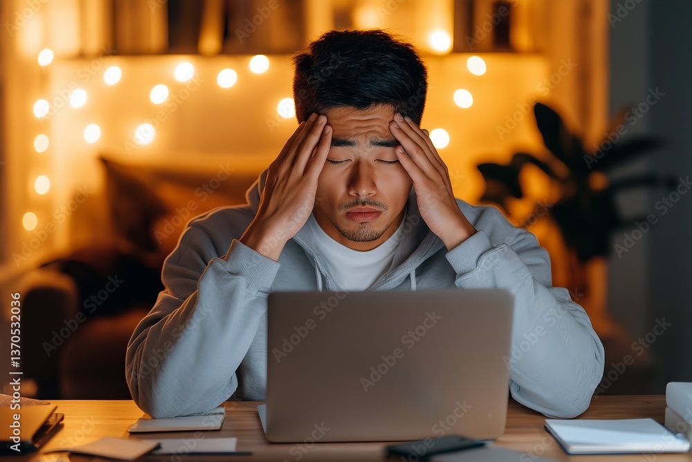 Burned-Out Asian Professional in Hoodie Rubbing Eyes While Working Remotely at Night, Dim Home Office, Tired Face Lit by Laptop Screen, Remote Work Fatigue, Mental Exhaustion, Overwork Stress Burned-Out Asian Professional in Hoodie Rubbing Eyes While Working Remotely at Night, Dim Home Office, Tired Face Lit by Laptop Screen, Remote Work Fatigue, Mental Exhaustion, Overwork Stress