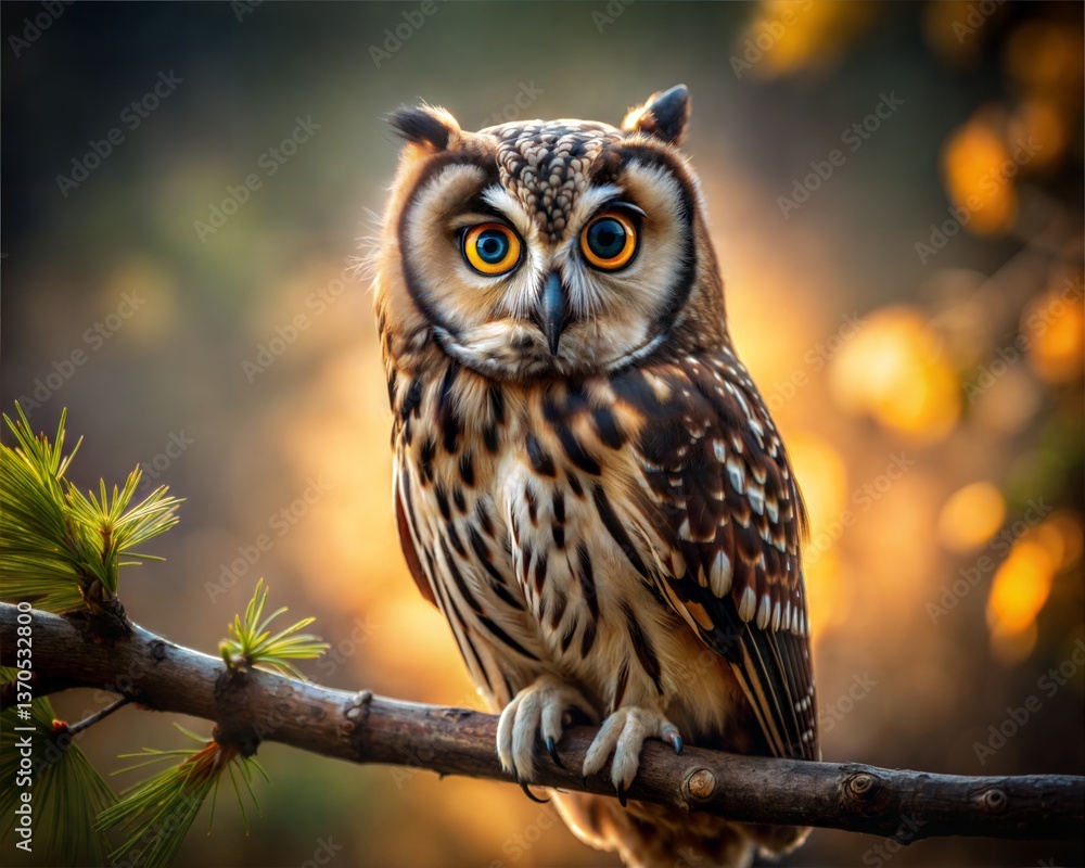 Fototapeta premium owl on branch, great horned owl, high resolution owl isolated on branch.