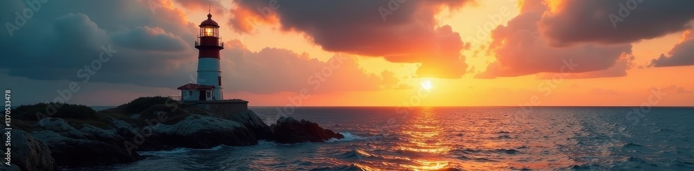 Fototapeta premium Solitary lighthouse at golden hour, dramatic sky, calm sea , sunset, twilight