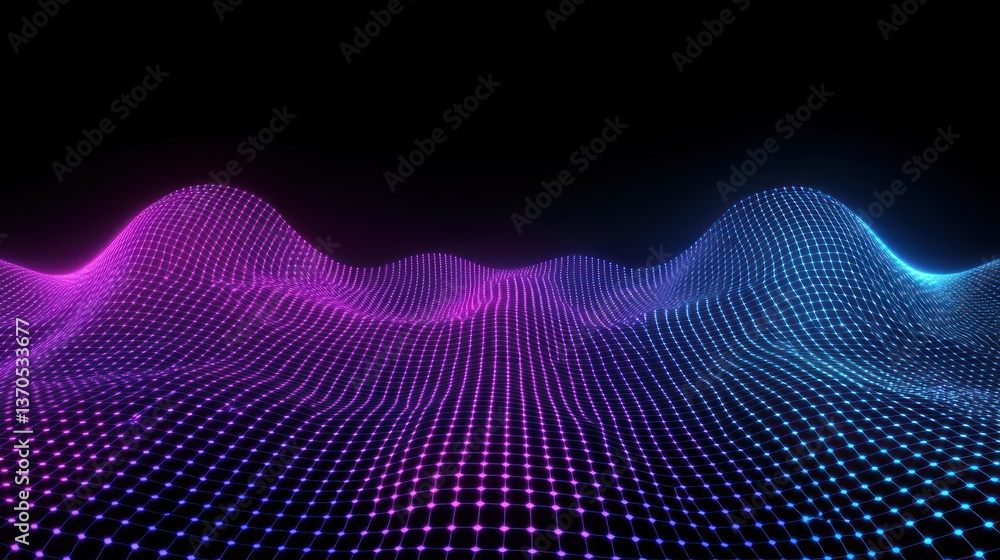 A futuristic and illuminated digital grid terrain of varying heights A futuristic and illuminated digital grid terrain of varying heights