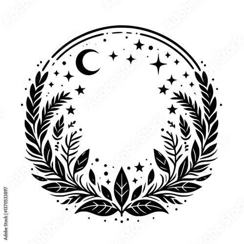 Celestial Wreath: Moon, Stars, & Foliage, Minimalist Black & White