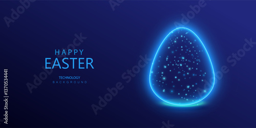 blue neon easter egg, vector holiday card, light dots