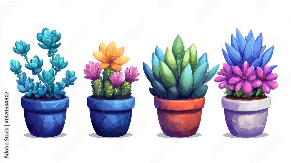 Obraz premium A variety of potted plants with distinct colorful designs symbolizing diversity in nature and creative decor