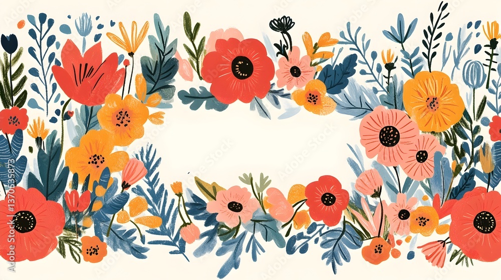 A vibrant floral border design features red orange yellow and pink flowers leaves and stems on a creamy white background perfect for invitations or A vibrant floral border design features red orange yellow and pink flowers leaves and stems on a creamy white background perfect for invitations or
