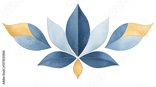 Elegant floral design with blue and gold accents, showcasing a symmetrical pattern that embodies tranquility and beauty, perfect for wellness and relaxation themes, art concept