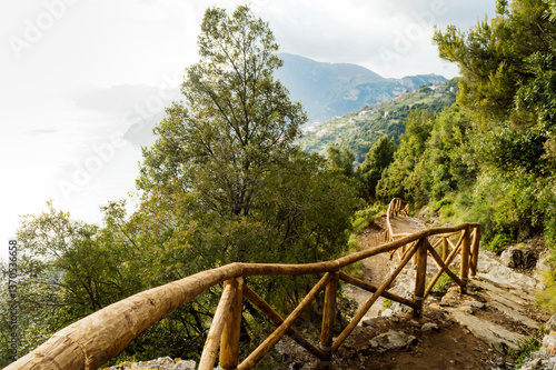 Panoramic view from hiking trail Path of Gods between coastal towns Positano and Praiano. Trekking in Lattari Mountains, Apennines, Amalfi Coast, Campania, Italy, Europe. Coastline Mediterranean Sea.