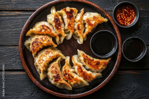 A rustic wooden tray presents a tasty Asian meal, featuring delicious dumplings arranged in a circle and accompanied by vibrant sauces in bowls, captured in an overhead shot