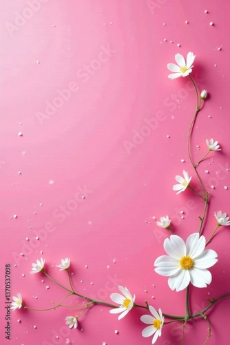 Vibrant pink background with scattered white flowers , floral, scattered, pastel