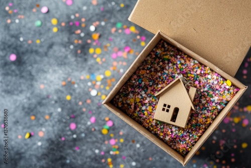 A housewarming gift consists of keys and a miniature home inside a box with colorful confetti, representing a new beginning and the celebration of homeownership on a textured surface