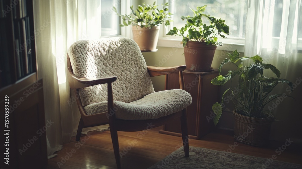 Fototapeta premium A comfortable armchair sits by a sunlit window with plants