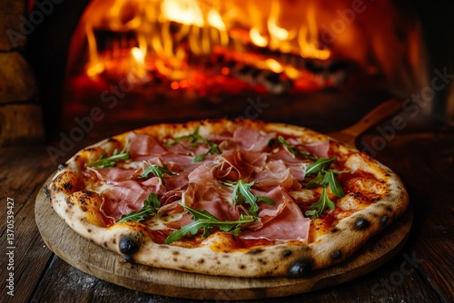 Wallpaper Mural A culinary delight featuring delicious pizza with prosciutto, arugula, and parmesan, set against the warm backdrop of a wood-fired oven with fresh ingredients and an inviting ambiance Torontodigital.ca