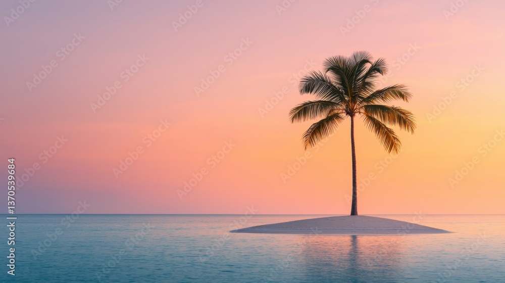 Serene Desert Island with a Single Palm Tree at Sunset Serene Desert Island with a Single Palm Tree at Sunset