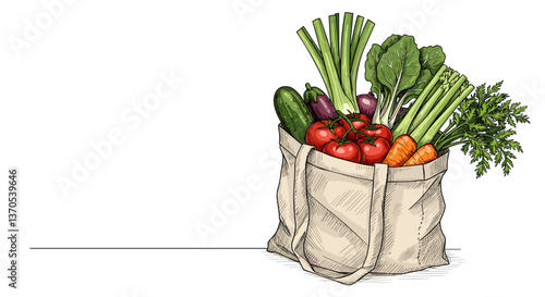 Illustration of a fabric bag filled with fresh vegetables