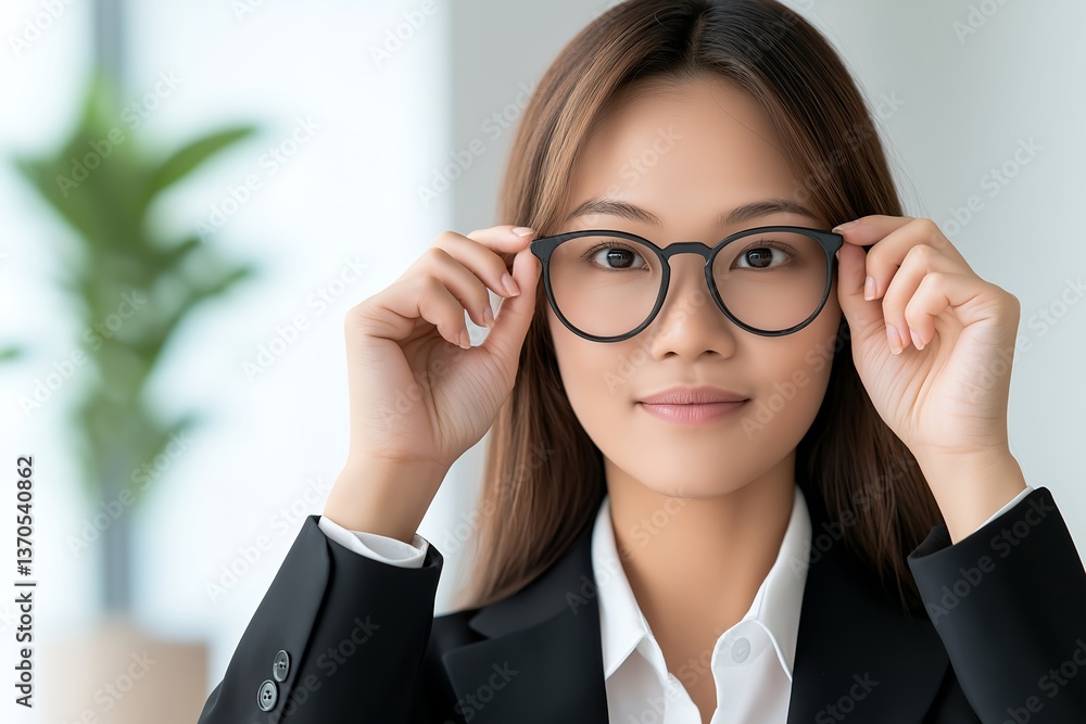Confident Asian Woman in Business Suit Buttoning Blazer, Smiling in Bright Home Office with Soft Natural Lighting, Stylish Office Interior, Professional Woman at Work Confident Asian Woman in Business Suit Buttoning Blazer, Smiling in Bright Home Office with Soft Natural Lighting, Stylish Office Interior, Professional Woman at Work